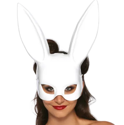 A woman wearing a white rabbit mask and red lips smiles at the camera.