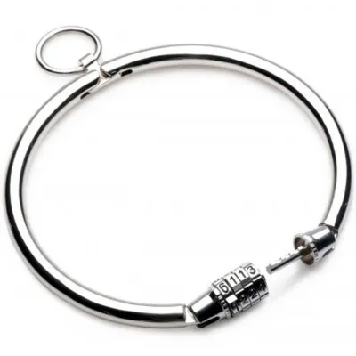 Silver bracelet with combination lock and key ring.