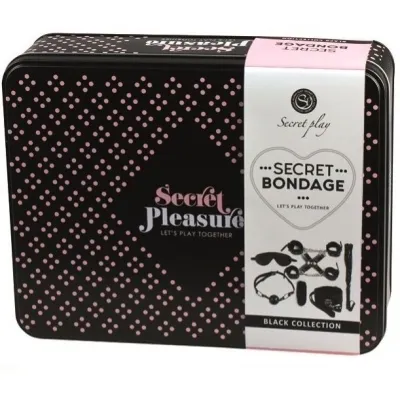 Schwarze Box mit rosa Punkten, Aufschrift "Secret Pleasure" und "Secret Bondage", enthält Bondage-Accessoires.