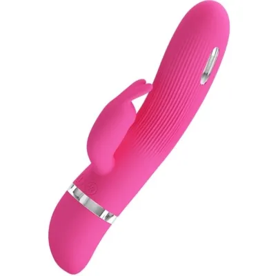 Pinkfarbener Vibrator mit Kaninchenohren und gerippter Oberfläche, silbernem Akzent und Bedienelementen am Griff.