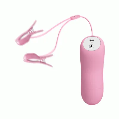 Pink remote control with two attached clamps that vibrate.