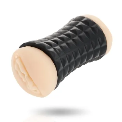 Black, textured sex toy with skin-colored ends, cylindrical, on a white background.