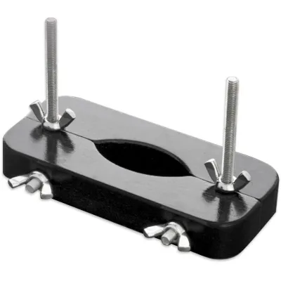 Black metal clamp with two wing nuts and screws, rectangular shape.