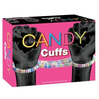Box labeled "Candy Cuffs", shows hands with edible bracelets made of colorful sweets.