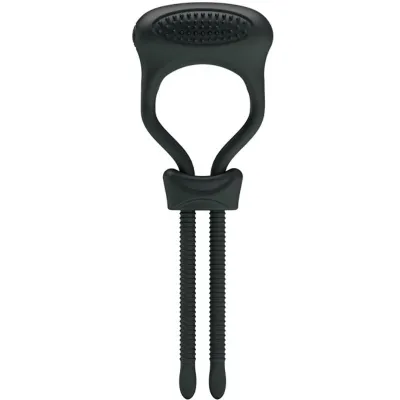 Black, flexible cable holder with two long, ribbed arms and an oval, textured top.