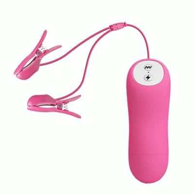 Pinkes Vibrationsgerät mit zwei Klemmen und Fernbedienung.