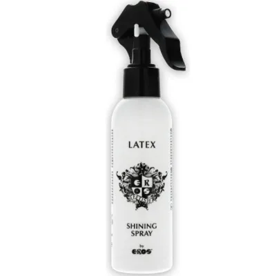 Weiße Sprühflasche mit schwarzem Sprühkopf, beschriftet mit "Latex Shining Spray by Eros".