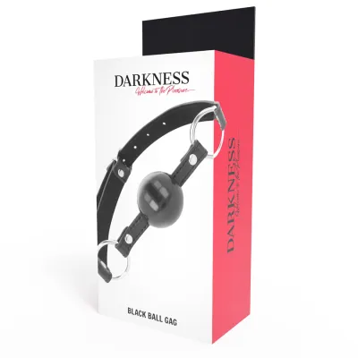 Verpackung eines schwarzen Ballknebel mit der Aufschrift "Darkness - Welcome to the Pleasure".