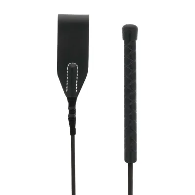 Two black riding whips, one with a wide flap, the other with a grooved handle, on a white background.