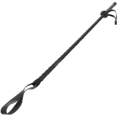 Black braided riding crop with hand strap and handle, on a white background.
