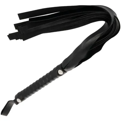 Black whip with multiple straps and a grooved handle, photographed from the side.
