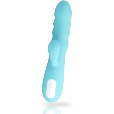 Blauer Vibrator mit wellenförmigem Design und zwei weißen Knöpfen an der Basis.