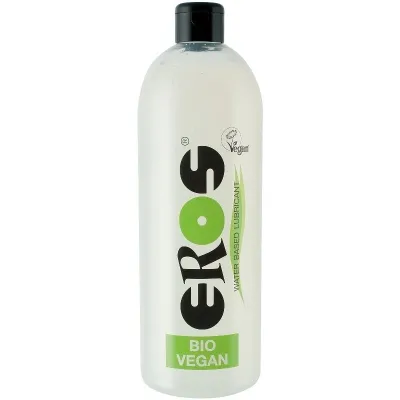 Bottle containing Eros Bio Vegan water-based lubricant, 1000 ml, black cap.