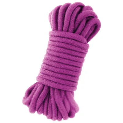 Purple rope, neatly coiled, on a white background.