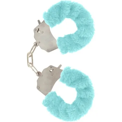 Plush handcuffs with light blue fur covering and silver chain.