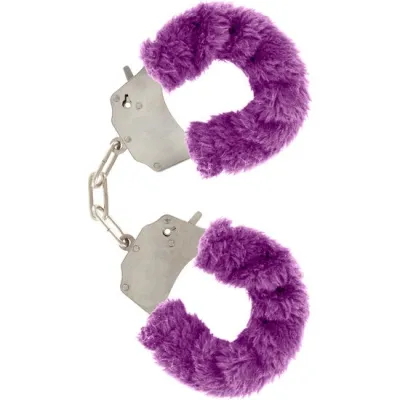 Purple plush handcuffs with metal chain, open and on a white background.