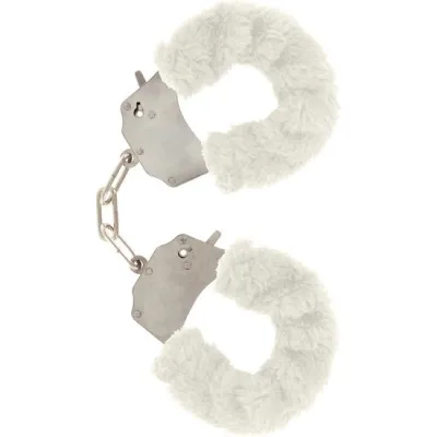 Silver handcuffs with a white plush covering, connected by a short chain.