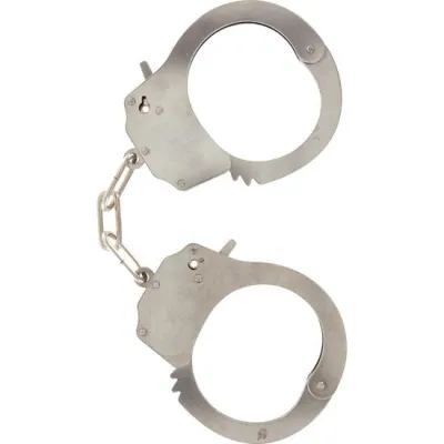 Silver handcuffs with chain, open and on a white background.
