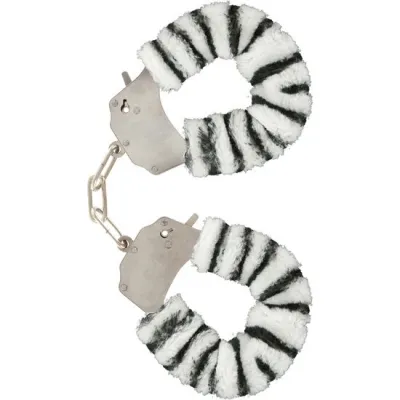 Handcuffs with black and white striped plush covers.