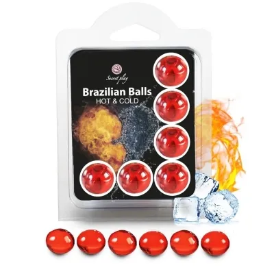 Verpackung von Brazilian Balls "Hot & Cold" mit roten Kugeln, Flammen und Eiswürfeln im Hintergrund.
