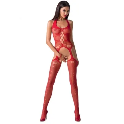 Woman in red mesh bodysuit with cut-outs and high heels against a white background.