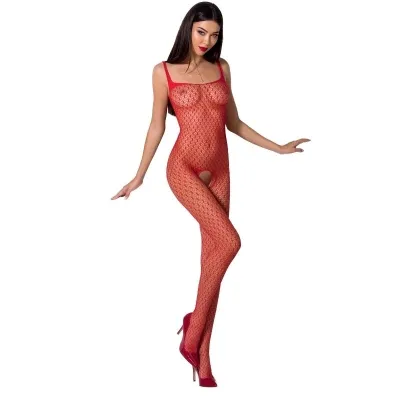 Woman in red mesh bodysuit with high heels on a white background.
