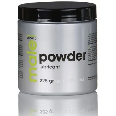 Silberne Dose mit schwarzem Deckel, Aufschrift: "Male Powder Lubricant, 225 gr bis zu 25 Liter".
