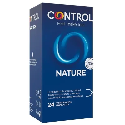 Blue packaging of Control Nature condoms, 24 pieces, with an elastic and natural feel.