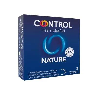 Verpackung von Control Nature Kondomen, blaues Design, 3 Stück, mit elastischem und natürlichem Gefühl.
