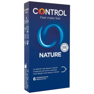 Pack of Control Nature condoms, blue design, 6 pieces, with slogan "Feel make feel" and symbols for comfort.
