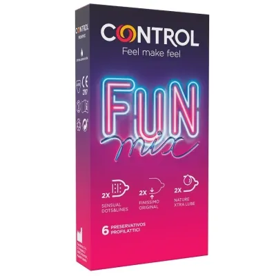 Verpackung von Control Fun Mix Kondomen, 6 Stück, mit verschiedenen Sorten: Sensual, Finissimo, Nature.