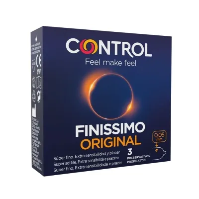 Packaging of Control Finissimo Original condoms, 3 pieces, 0.05 mm thin, dark blue design with a luminous circle.