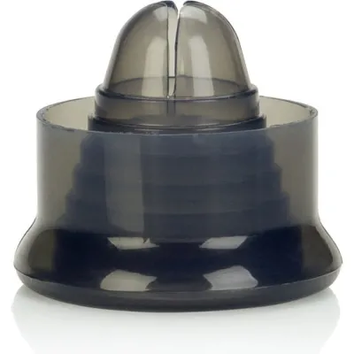 Dark grey plastic lid with two openings at the top, cylindrical shape, glossy surface.