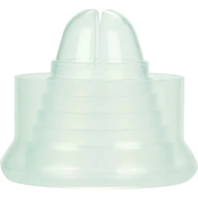 Transparent plastic attachment with two rounded tips, presumably for a device or bottle.
