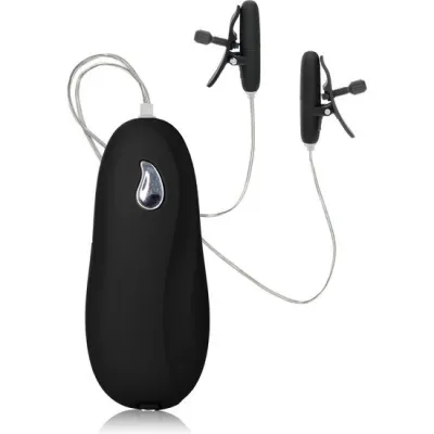 Black device with two clamps and cables, possibly an electronic accessory or gadget.