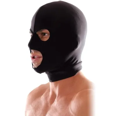 Person wearing a black mask that leaves the eyes and mouth uncovered, against a white background.