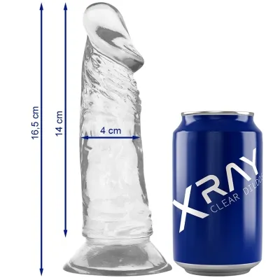 Clear dildo measuring 16.5 cm in height and 4 cm in diameter, next to a blue beverage can.