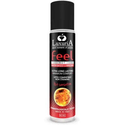 Black bottle of LuxuriA Feel Hot water-based lubricant, 60 ml, with red and white text, fiery design.