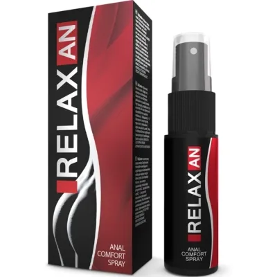 Black bottle and packaging of "Relaxan Anal Comfort Spray" with red and white design.