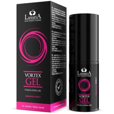 Schwarze Verpackung und Flasche von LuxuriA Vortex Gel mit pinkem Design, stimulierendes Gel mit wärmendem Effekt.