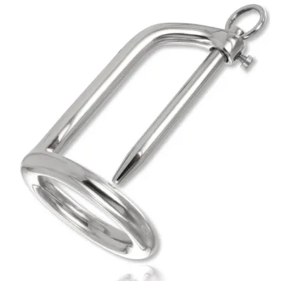 Metallisches U-förmiges Gerät mit Ring und Schraube, glänzend und silbern.