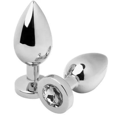 Two silver, metallic objects in the shape of a teardrop, each with a crystal at the base.