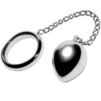 Silver metal ring with chain and teardrop-shaped pendant.