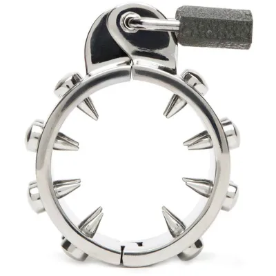Metal ring with pointed rivets and a padlock.