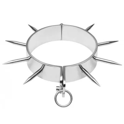 Silbernes Halsband mit langen, spitzen Stacheln und einem Ring an der Vorderseite.