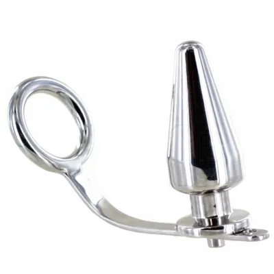 Metallischer Plug mit Ringgriff, glänzend und konisch geformt, auf weißem Hintergrund.