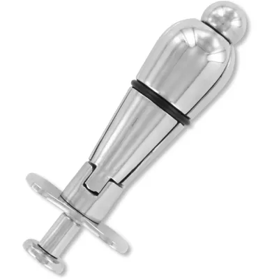Metallic anal plug with black rubber ring and handle, on a white background.