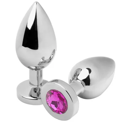 Two silver butt plugs with pink gemstones on a white background.