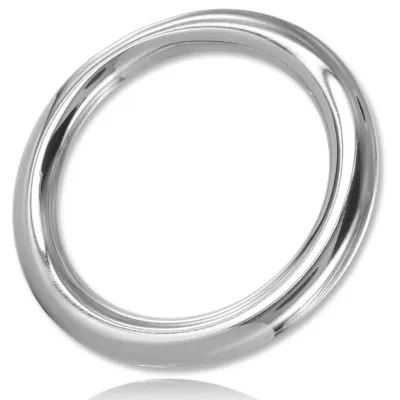 Silver, shiny metal ring on a white background.