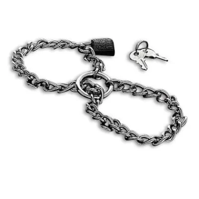 Metal chain with padlock and two keys next to it.
